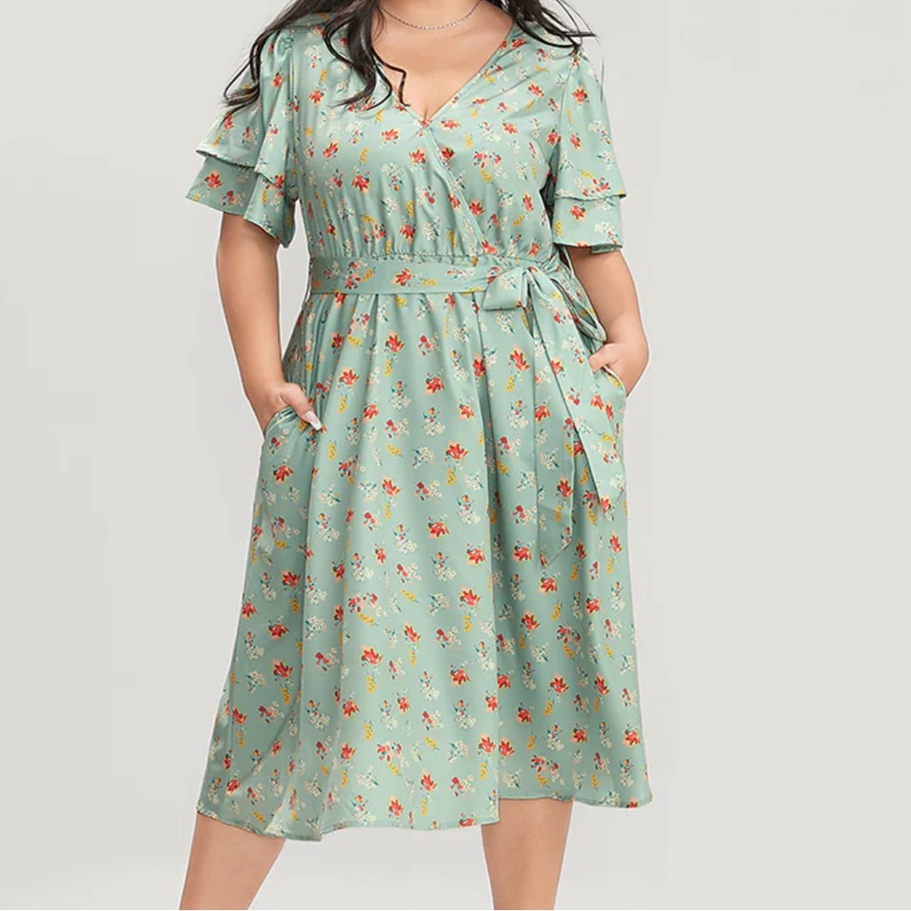 Floral Printed Ruffle Sleeve Pocket Belted Midi Dress - Picture 3 of 3